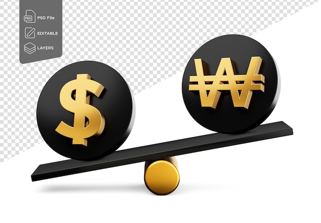 Golden Dollar And Won Symbol On Rounded Black Icons With Balance Weight Seesaw 3d Illustration