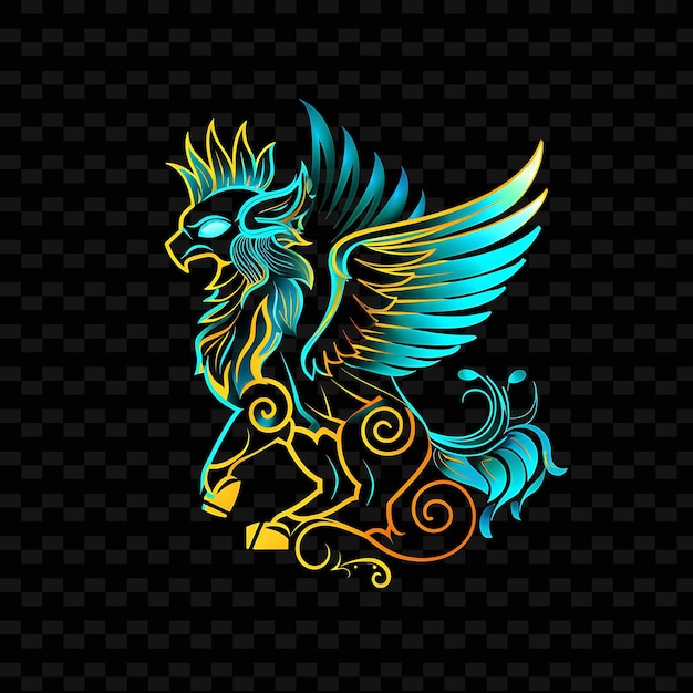 PSD a golden dragon with a blue tail and a symbol of a lion