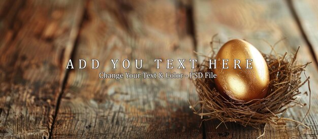 PSD golden egg in a nest on wooden background