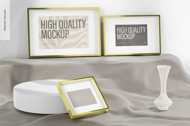 Golden Frames on Fabric Podium Mockup, Font View