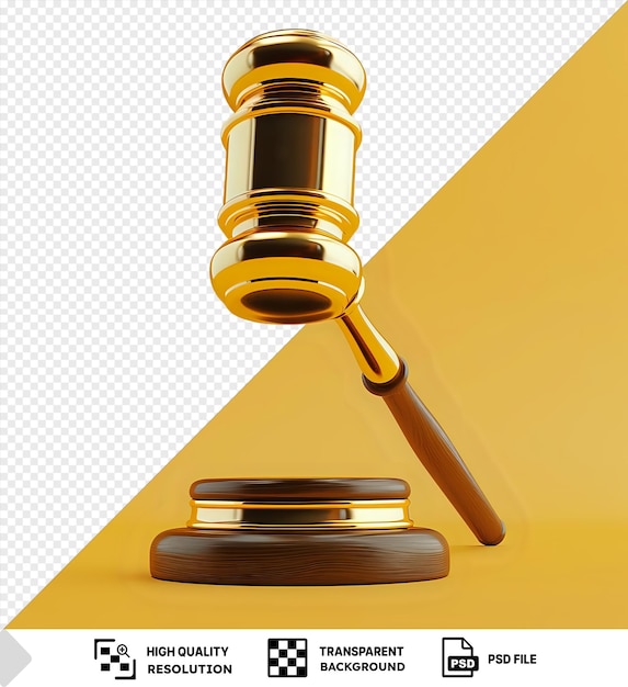 PSD golden gavel striking on a yellow table with a wooden handle against an isolated background