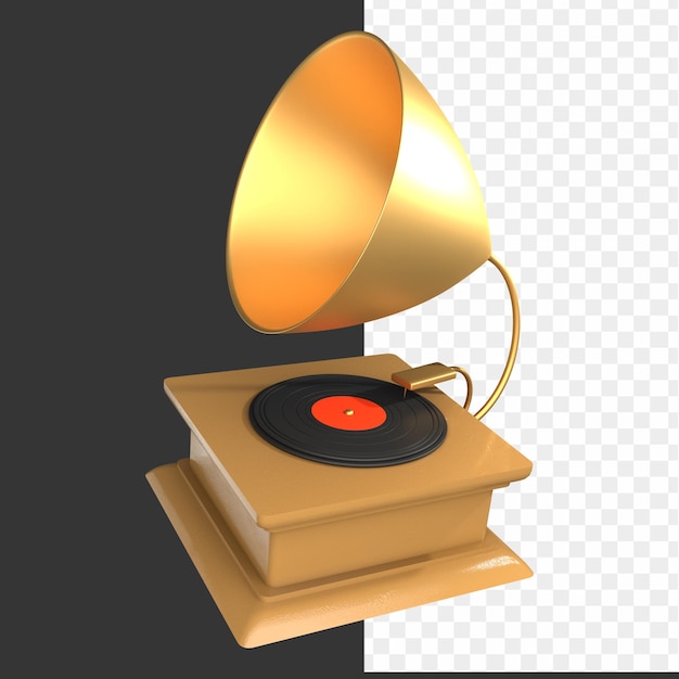 A golden gramophone with a red label on the front.