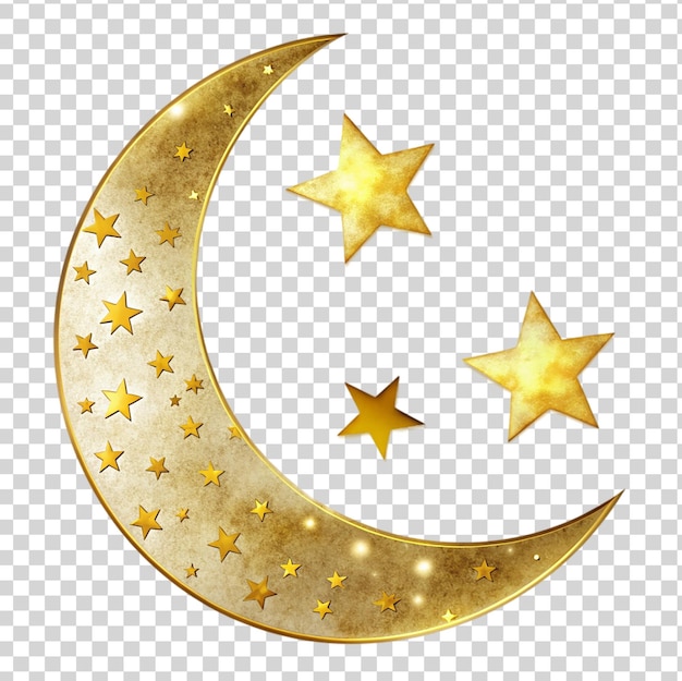 PSD golden half moon with stars isolated on transparent background