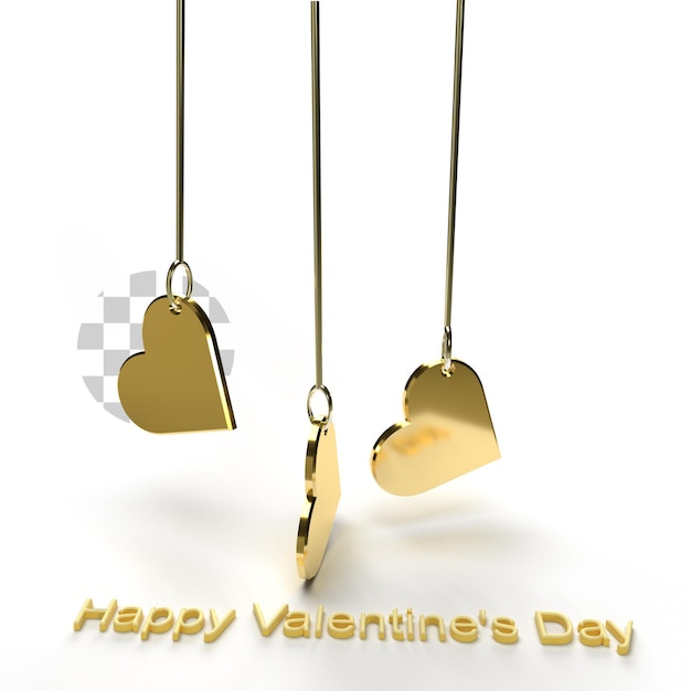 Golden heart hanging valentines day design happy valentines day love shapes 3d  illustration