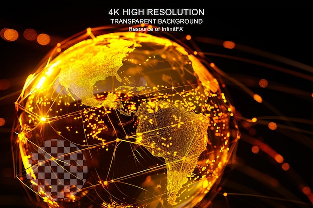 Golden Hologram Globe with Network 3D Illustration on transparent background