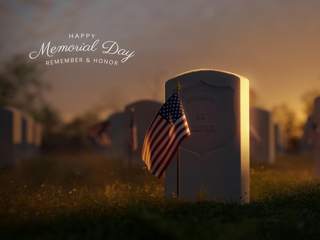 PSD golden hour headstone mockup with customizable engraved name and usa flags for memorial day