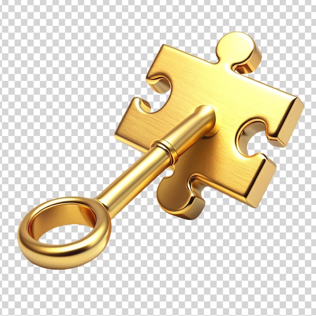 Golden key on a gold puzzle piece on transparent background