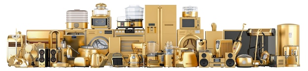 PSD golden kitchen and household appliances 3d rendering isolated on transparent background