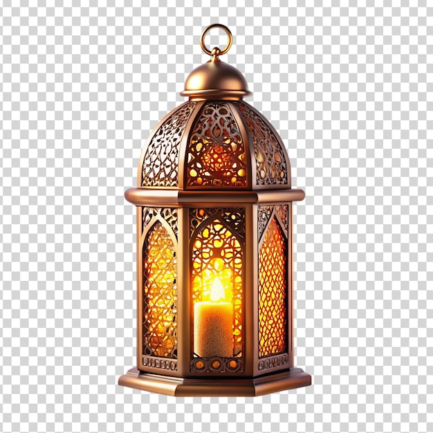 Golden lantern with a yellow light inside on transparent background