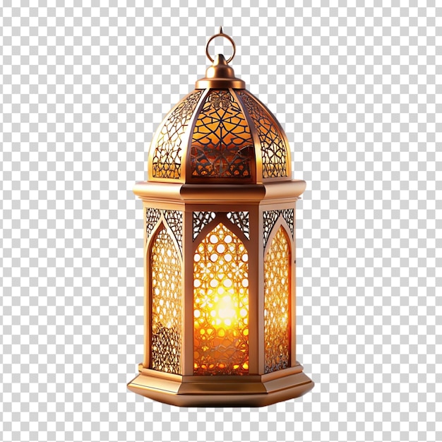 Golden lantern with a yellow light inside on transparent background