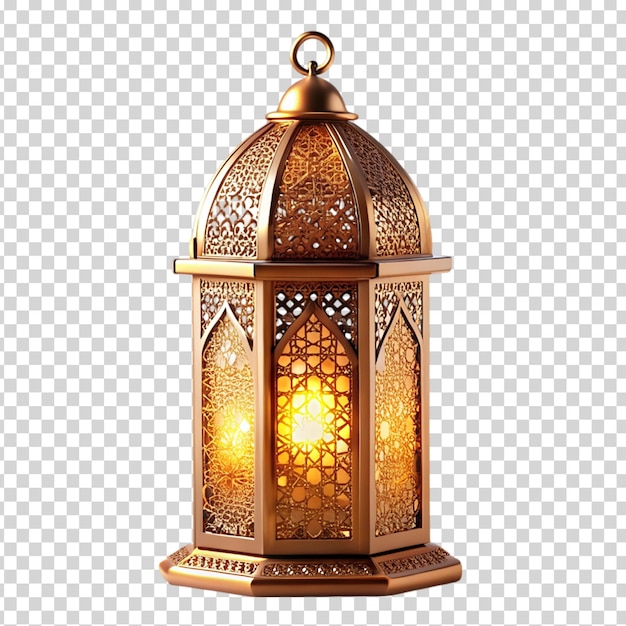 Golden lantern with a yellow light inside on transparent background