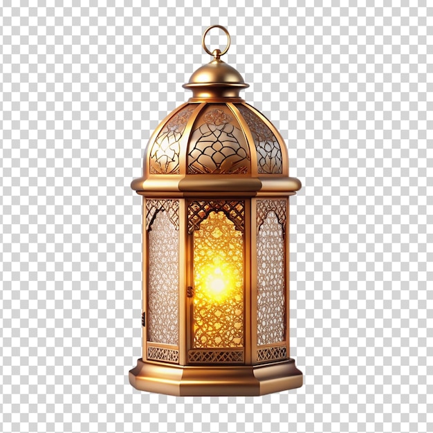 Golden lantern with a yellow light inside on transparent background