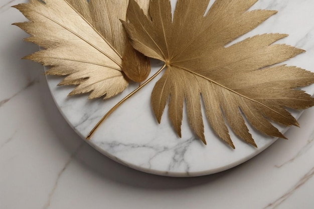 PSD golden leaf marble stand for cosmetic product 3d rendered