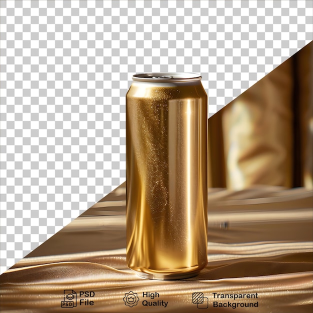 PSD golden liquid in a can on table transparent background