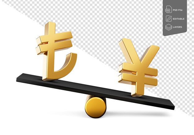 Golden Lira And Yen Symbol Icons With Sleek Black Balance Weight Seesaw 3d Illustration