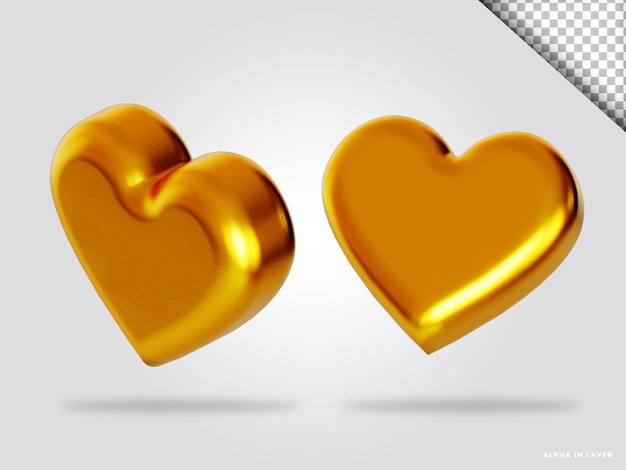 Golden love heart 3d render illustration isolated