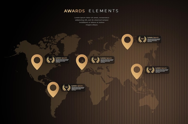 PSD golden luxury awards infographic element on maps