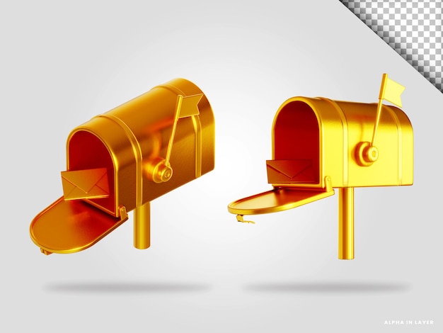 Golden mailbox 3d render illustration isolated