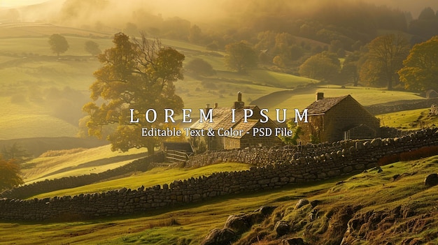 PSD golden misty light on old stone walls and rolling hills of the rural english countryside pastoral landscape