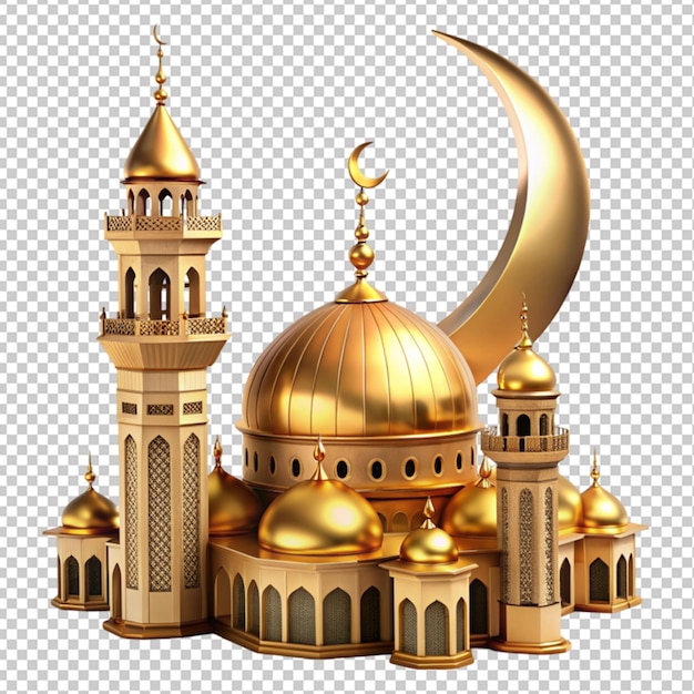 PSD a golden mosque with a tower and a moon transparent background