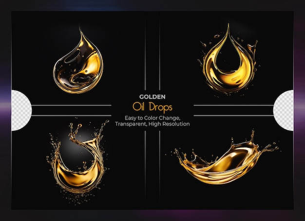 Golden oil drop liquid splash set on transparent background