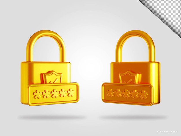 Golden padlock 3d render illustration isolated