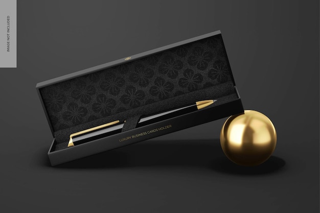 Golden Pen in Box Mockup Leaned