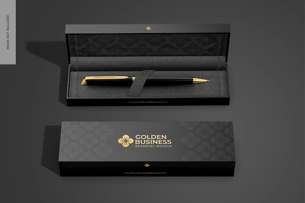 Golden Pen in Boxes Mockup