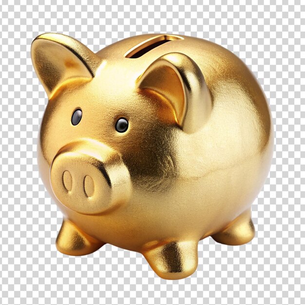 A golden piggy bank with the word savings on transparent background