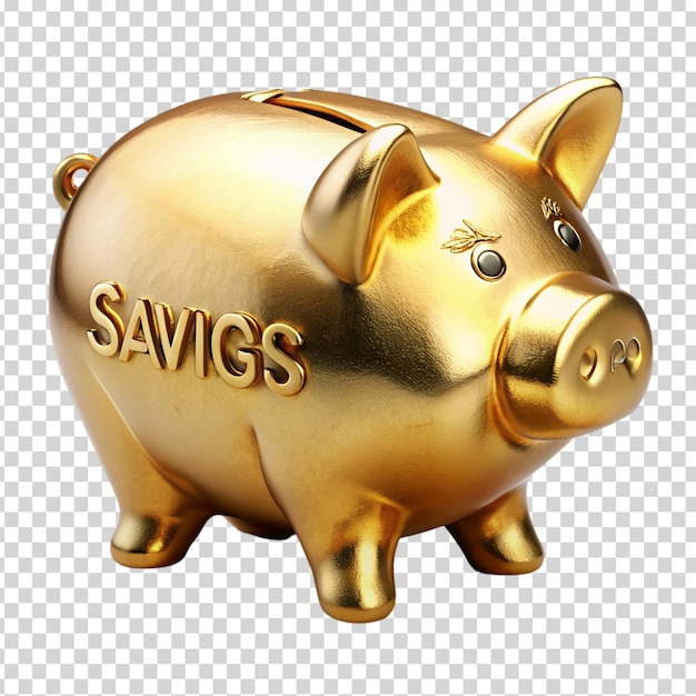 A golden piggy bank with the word savings on transparent background