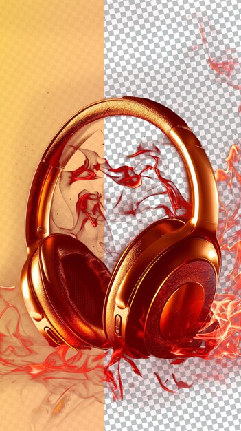 PSD golden pro headphones on full red fire on png transparent background