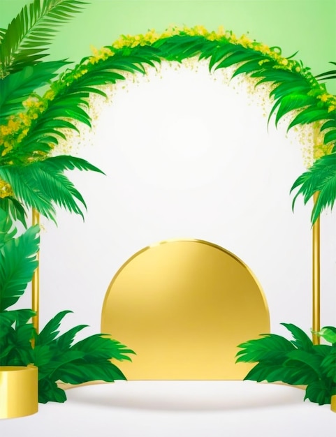 Golden product podium with green tropical palm leaves