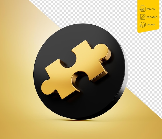 PSD golden puzzle piece of jigsaw with rounded black icon on golden background 3d illustration