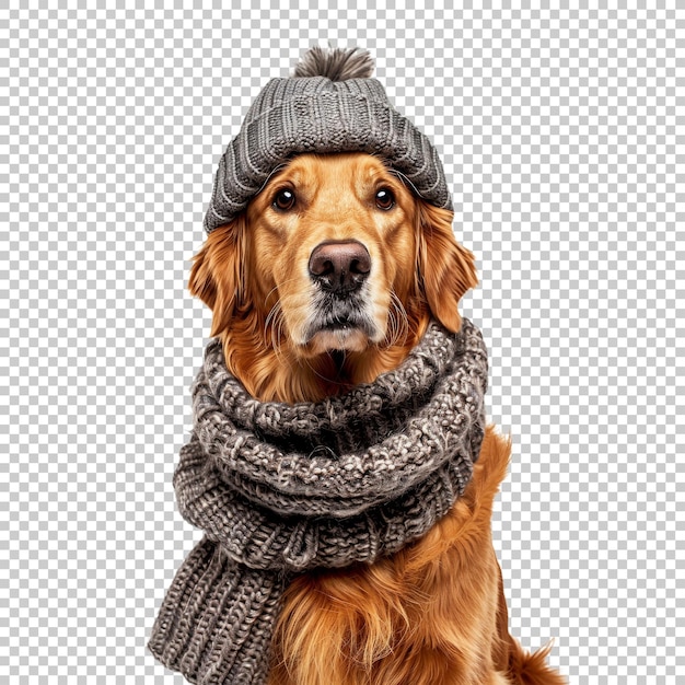 Golden Retriever in knitted hat and scarf isolated on transparent background