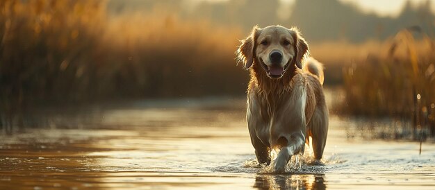 PSD golden retriever running through water at sunset