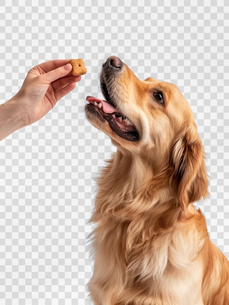 PSD golden retriever sitting looking up at hand holding small square treat on transparency background