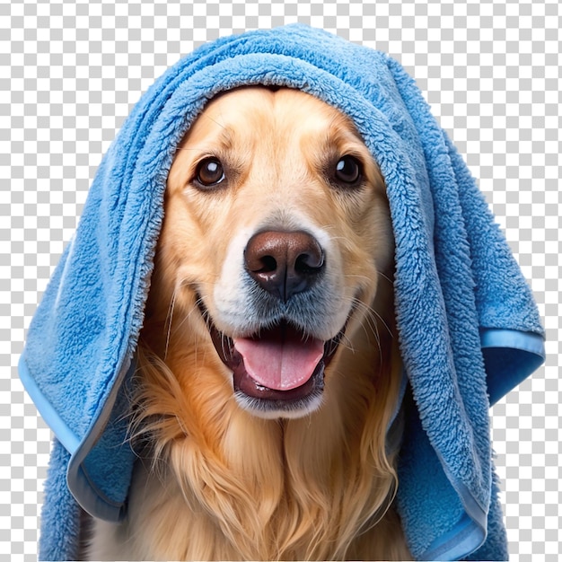 Golden retriever wearing blue towel it s head isolated on transparent background