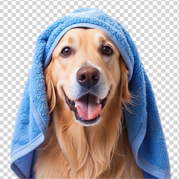 Golden retriever wearing blue towel it s head isolated on transparent background