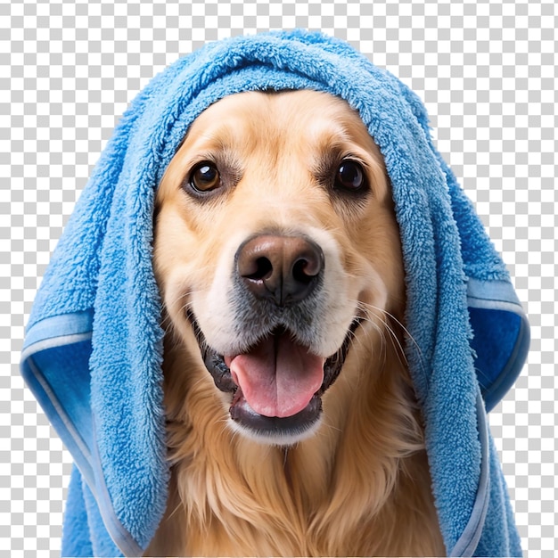 PSD golden retriever wearing blue towel it s head isolated on transparent background