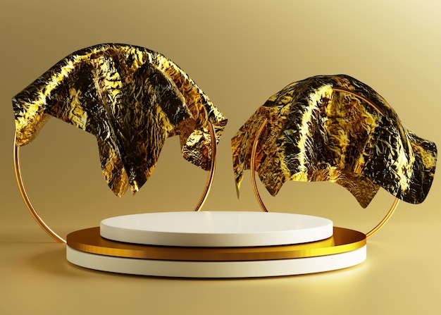 Golden rings with luxury cloth 3d rendered podium product presentation