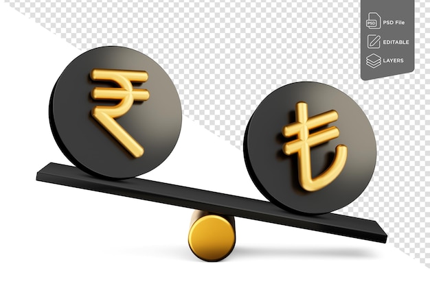 Golden Rupee And Lira Symbol On Rounded Black Icons With Balance Weight Seesaw 3d Illustration