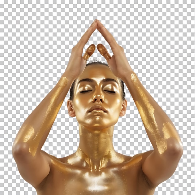 PSD golden skin model sensual woman with glowing metallic gold body makeup raising her hands