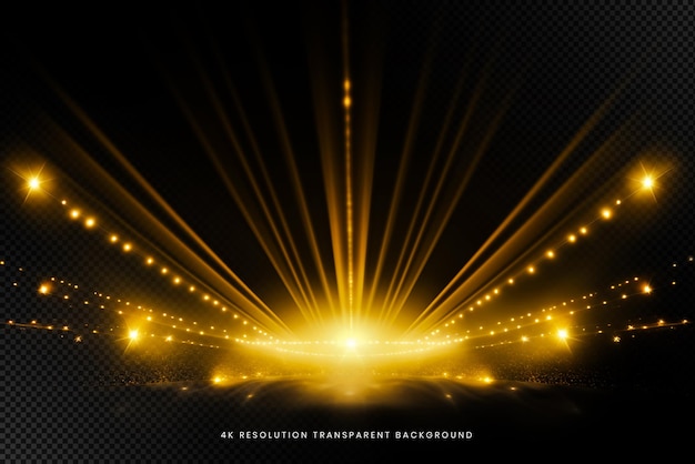 Golden stadium lights rays on transparent background