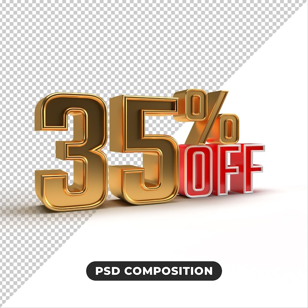 Golden text 35 off isolated on transparent backgr Off 35 percent Sales concept 3d illustration