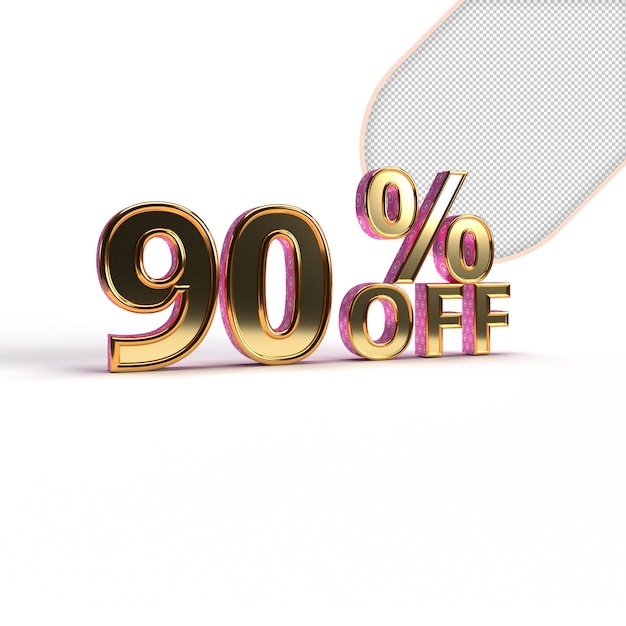 Golden text 90 off isolated on white background Off 90 percent Sales concept 3d illustration