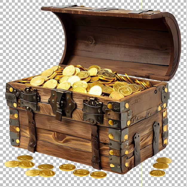 Golden Treasure Trove Chest Full of Gold Coins on White Background