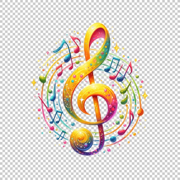 PSD golden treble clef with colorful musical notes isolated on transparent background