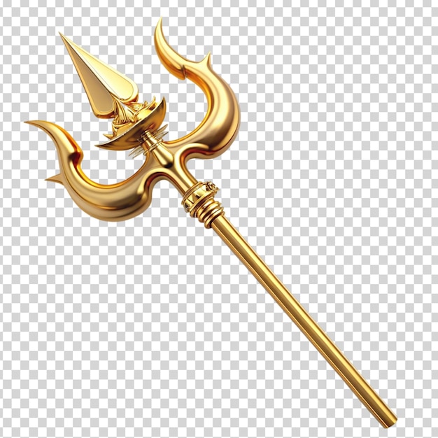 A golden trident with a gold handle and a gold tip on transparent background