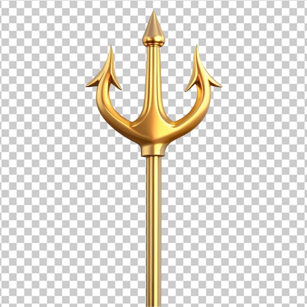 A golden trident with a gold handle and a gold tip on transparent background