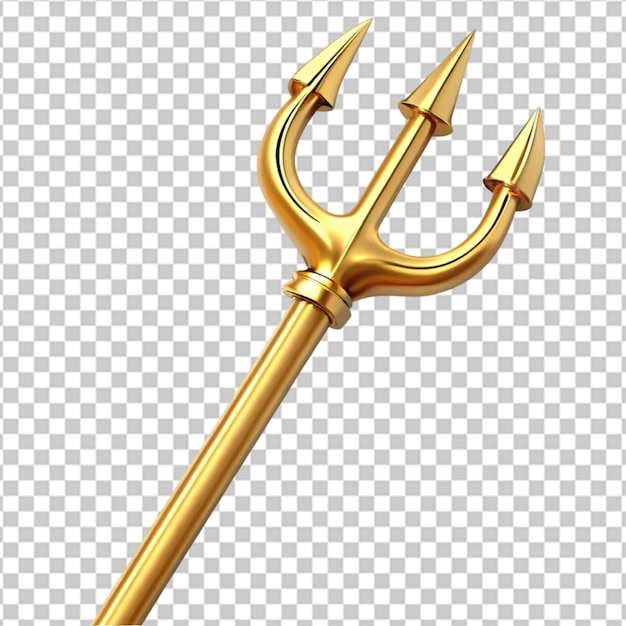 A golden trident with a gold handle and a gold tip on transparent background